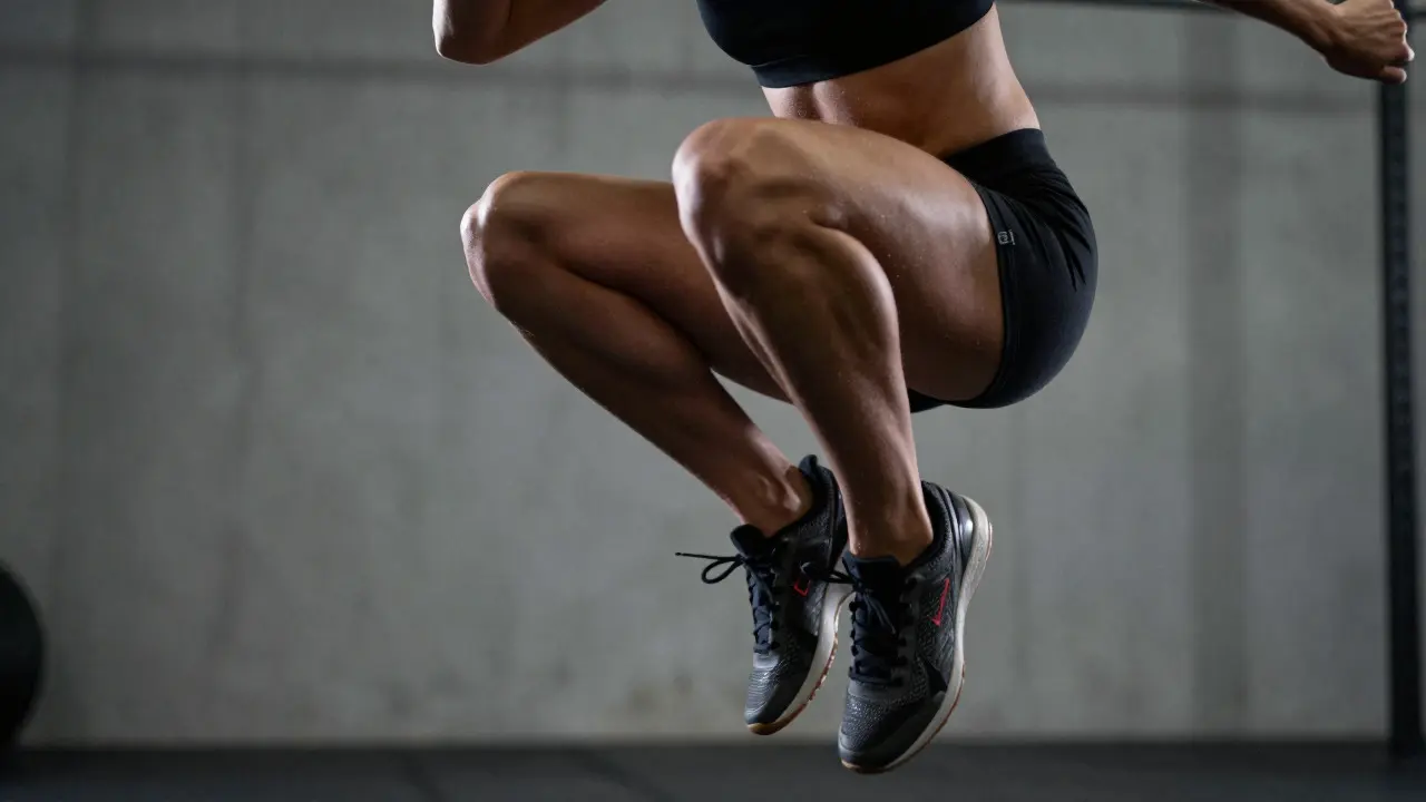 Dancer jumping explosively in a gym, showing muscle engagement