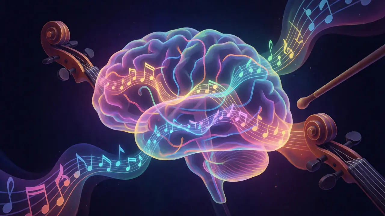 Digital art of a glowing brain connected by colorful musical sound waves.
