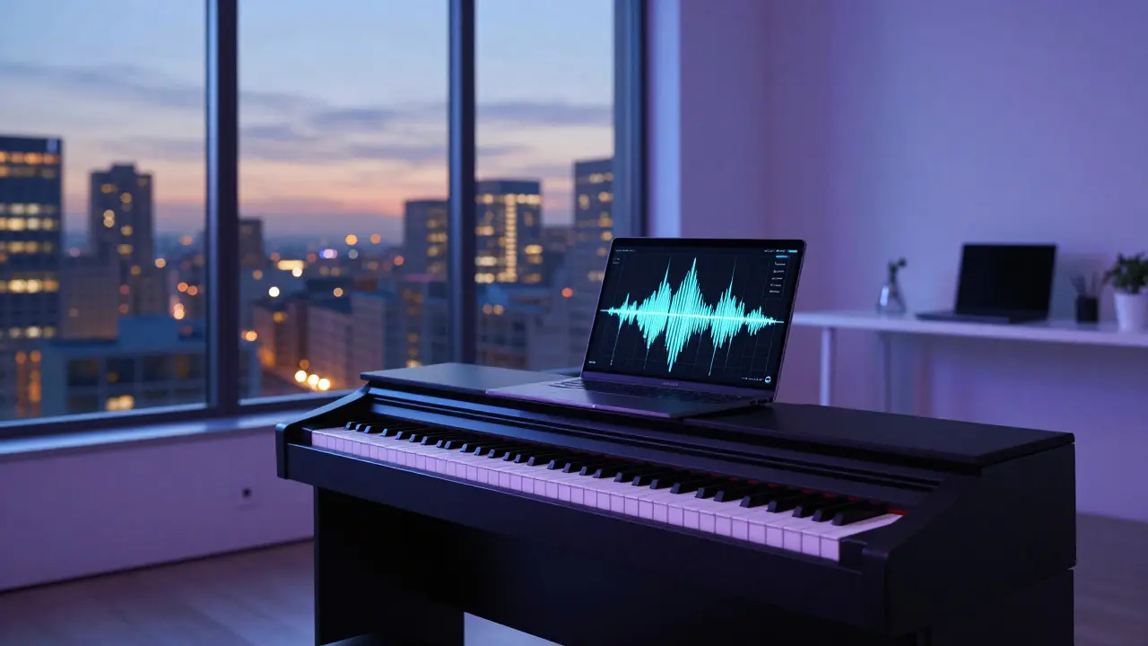 Digital piano in a modern office with city view at twilight