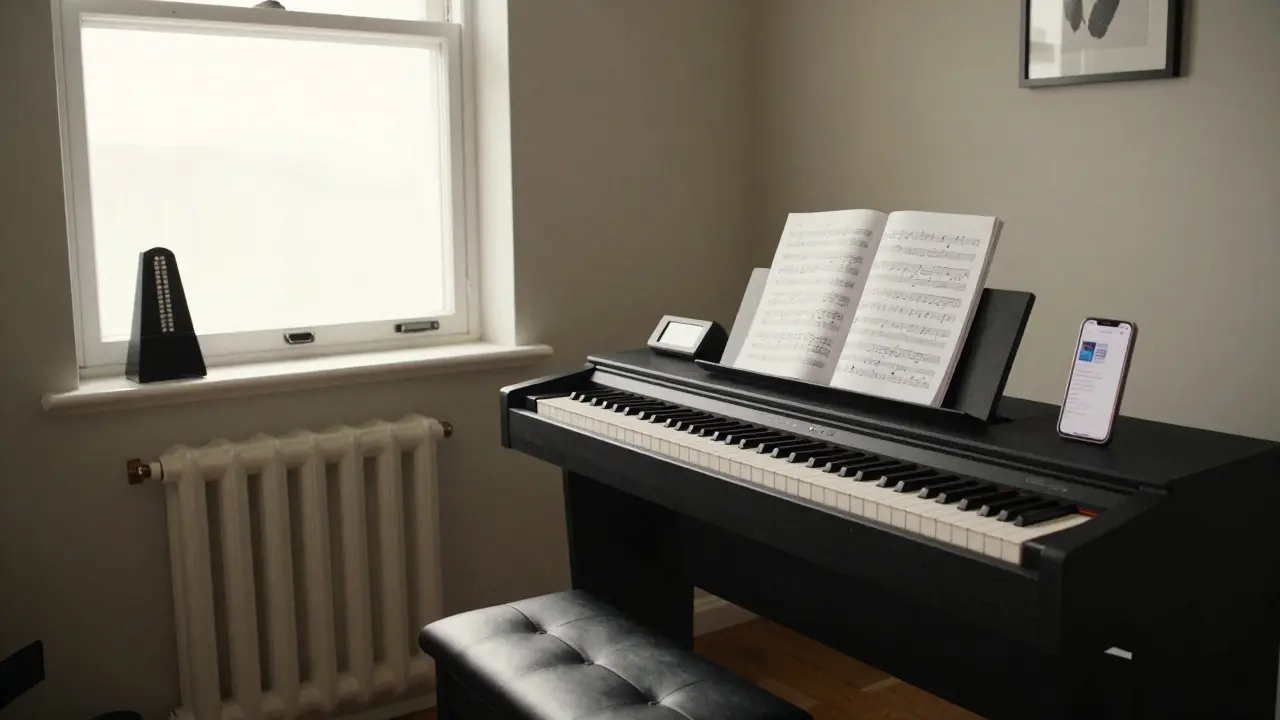 Focused home piano practice setup with metronome and recording device