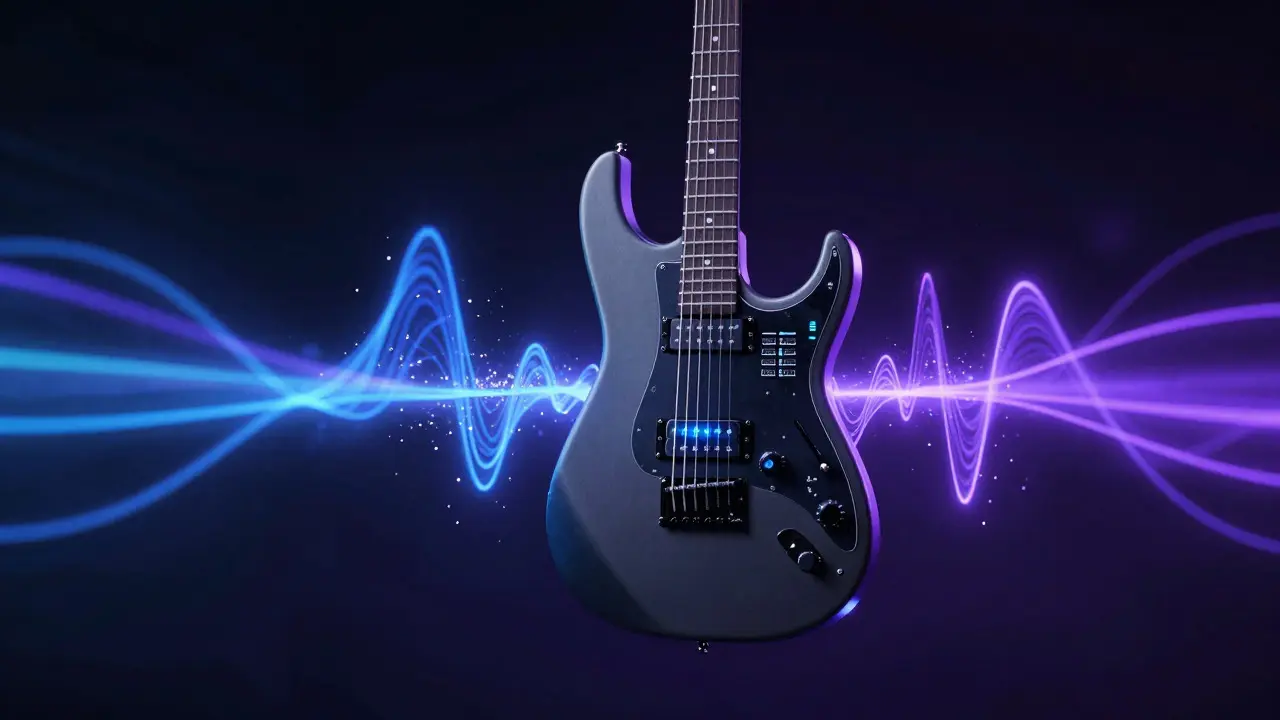 Futuristic concept art of a digital electric guitar surrounded by neon sound waves