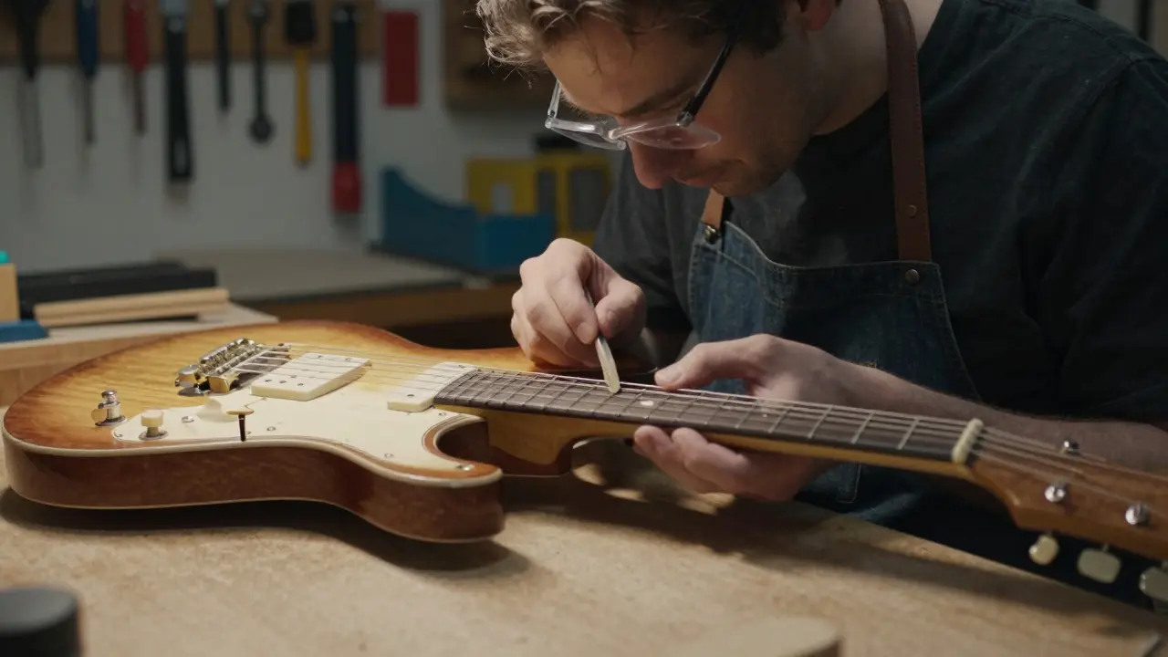 Luthier sanding the neck joint of a custom electric guitar in a professional woodworking workshop