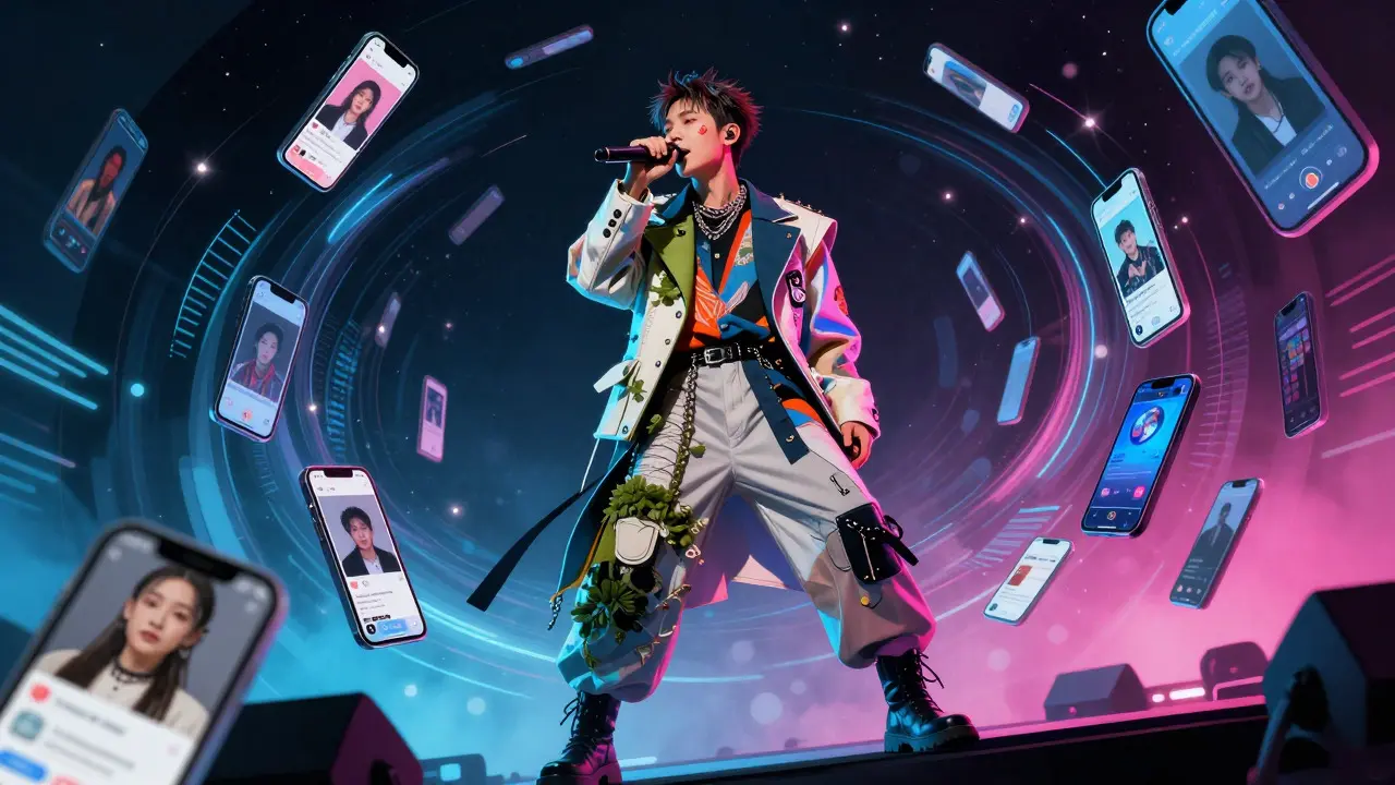 Musician on stage surrounded by digital light effects symbolizing social media trend speed