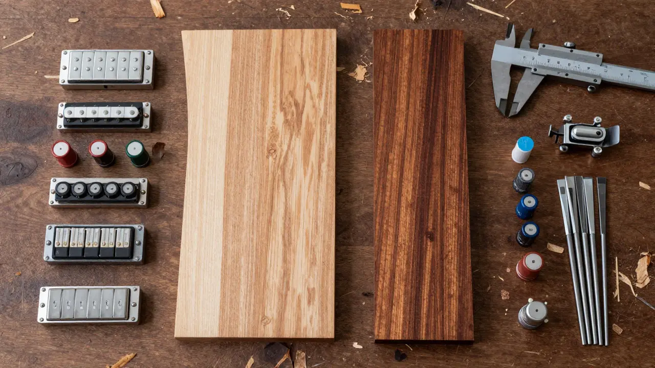 Overhead view of raw wood slabs, pickups, and hardware components laid out for a custom guitar build