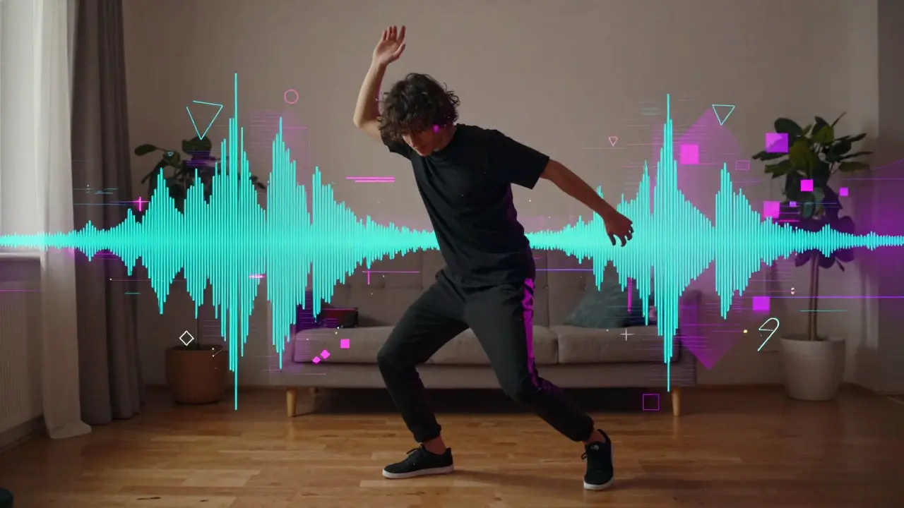 Person dancing with abstract sound wave graphics around them