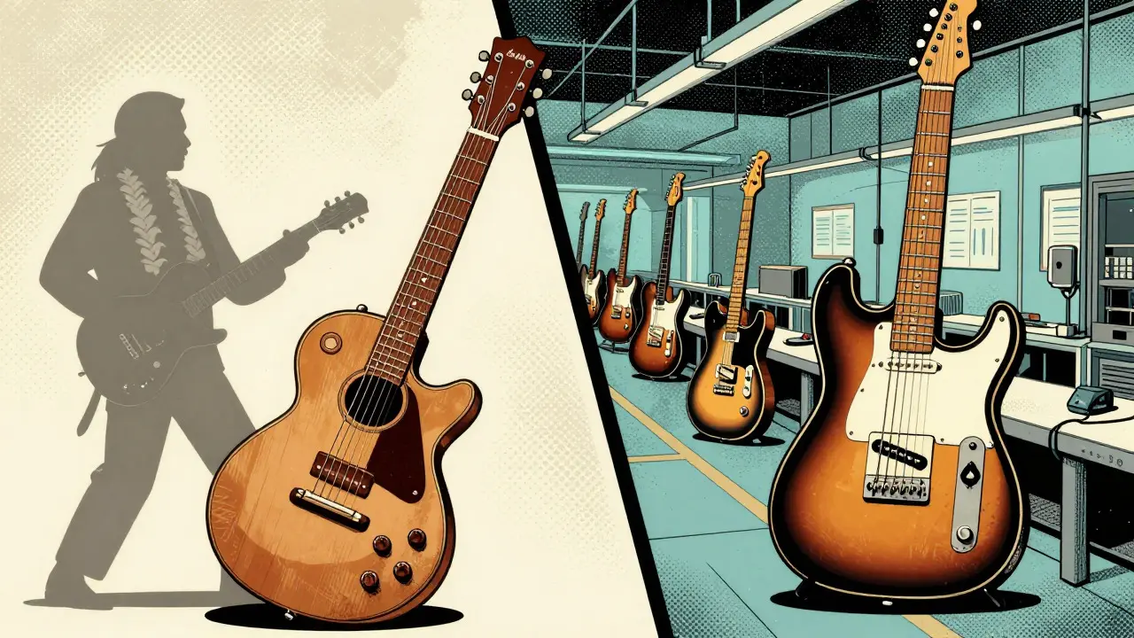 Retro comic illustration comparing early lap steel guitars and 1950s Telecasters