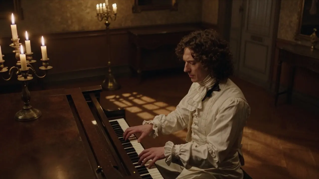 Romantic-era pianist playing emotionally in a candlelit parlor
