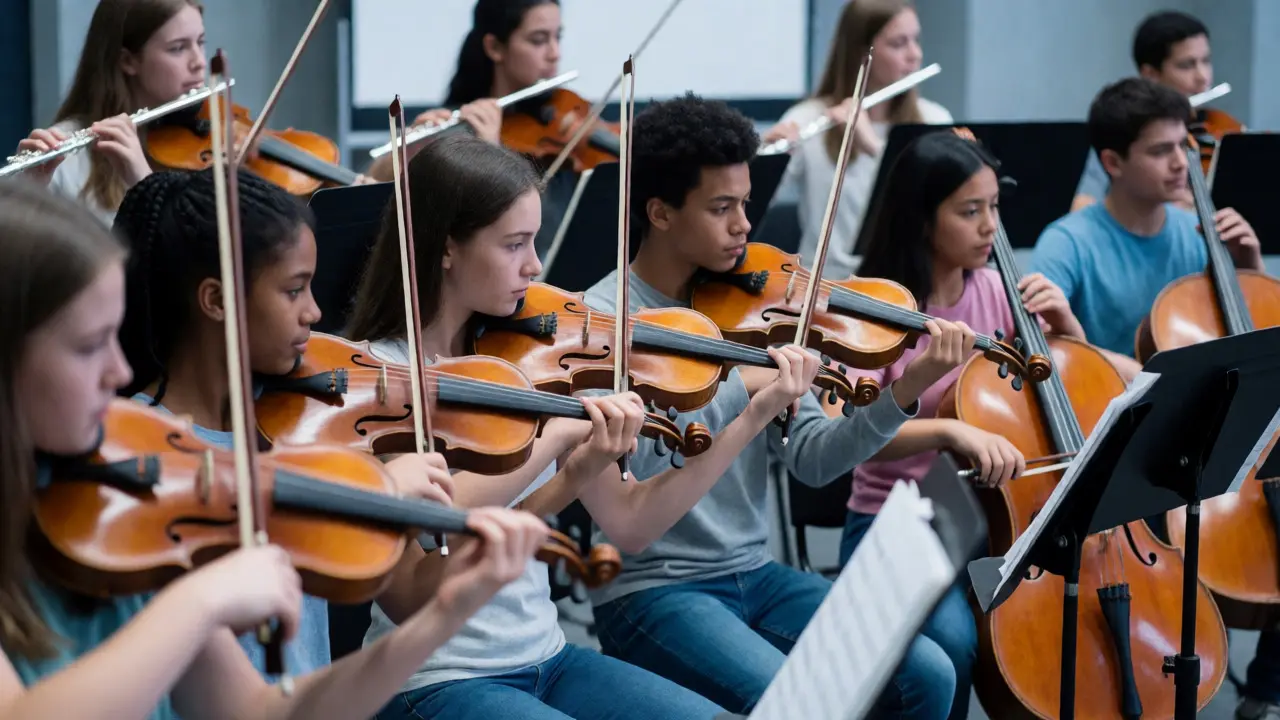 School orchestra members playing violins and cellos in synchronized harmony.