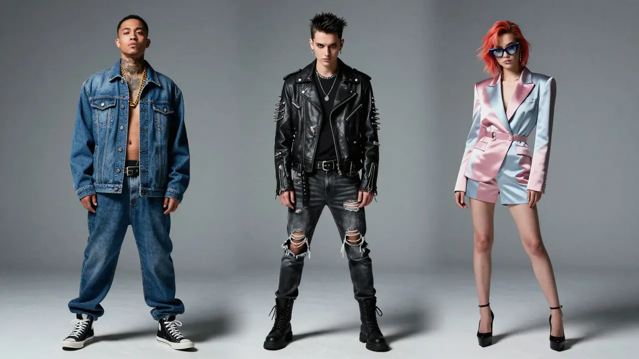 Three models in a studio representing hip hop, punk, and K-pop fashion aesthetics