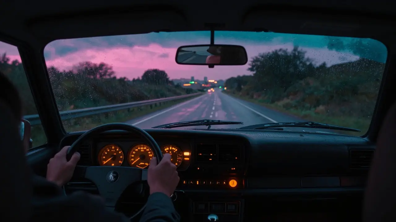 Vintage car driving on a neon-lit wet road at night, synthwave style
