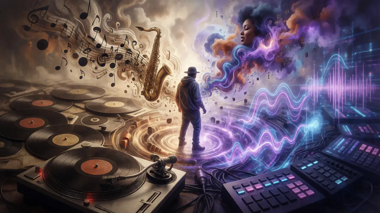Abstract visualization of hip hop production evolving from vinyl records to digital waveforms.