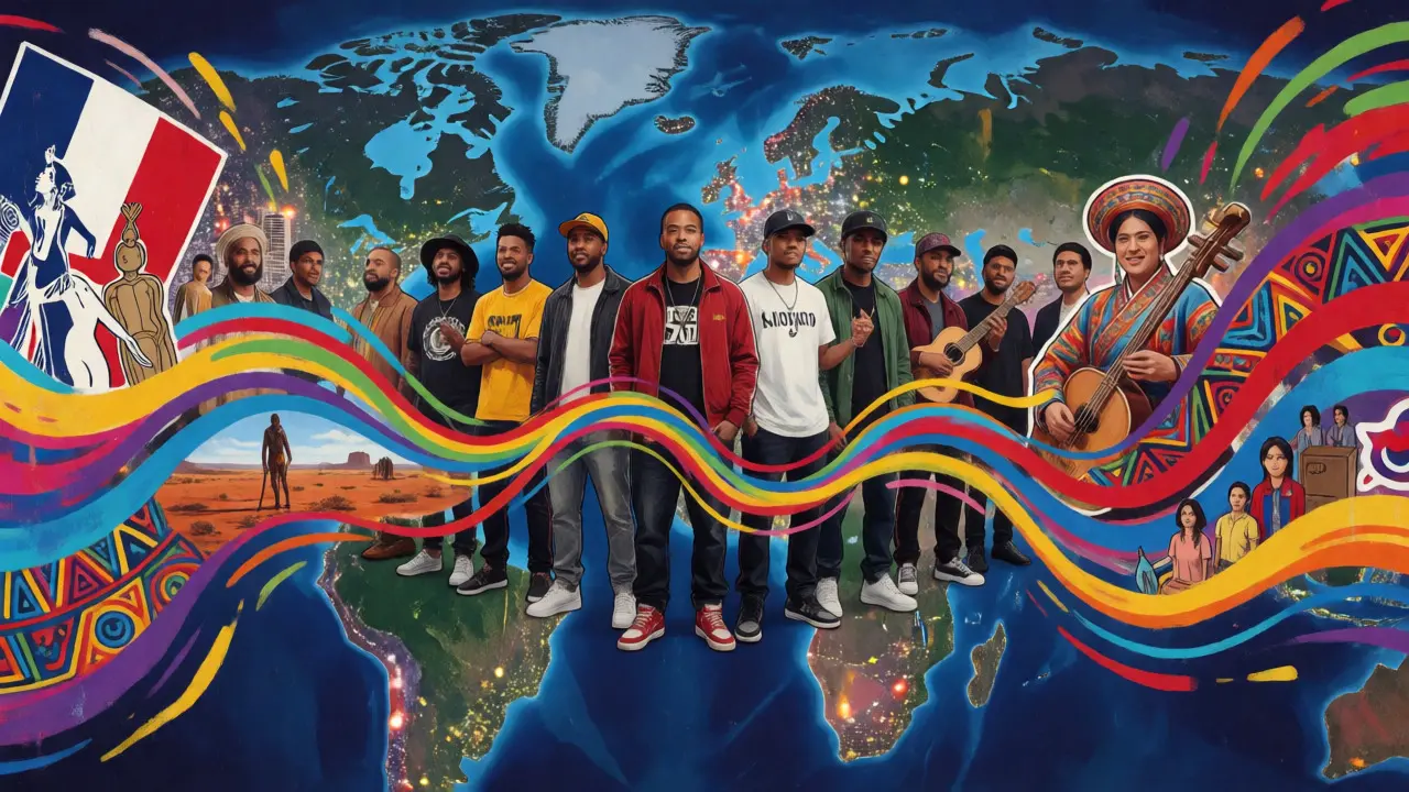 Global hip hop artists connected by sound waves illustrating cultural cross-pollination.