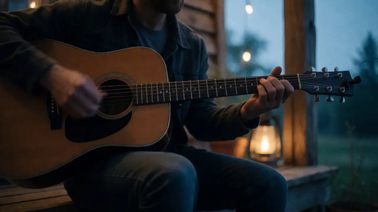 Songwriter strumming an acoustic guitar on a porch during twilight