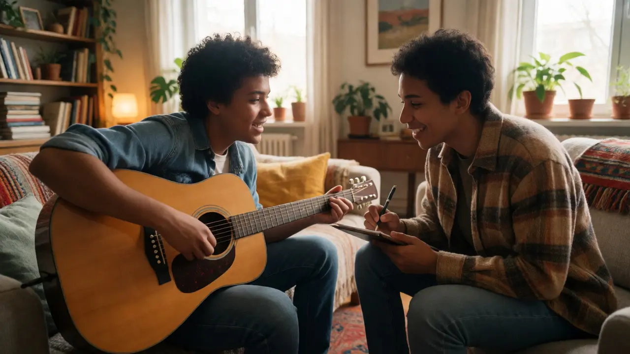Two friends collaborating on lyrics with an acoustic guitar in a living room